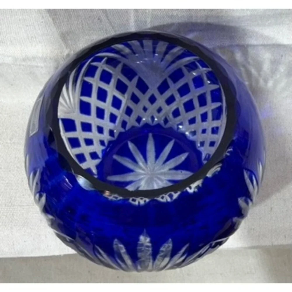 Godinger Crystal Legends Cobalt Blue Cut Crystal Rose Bowl Vase Made in Romania
